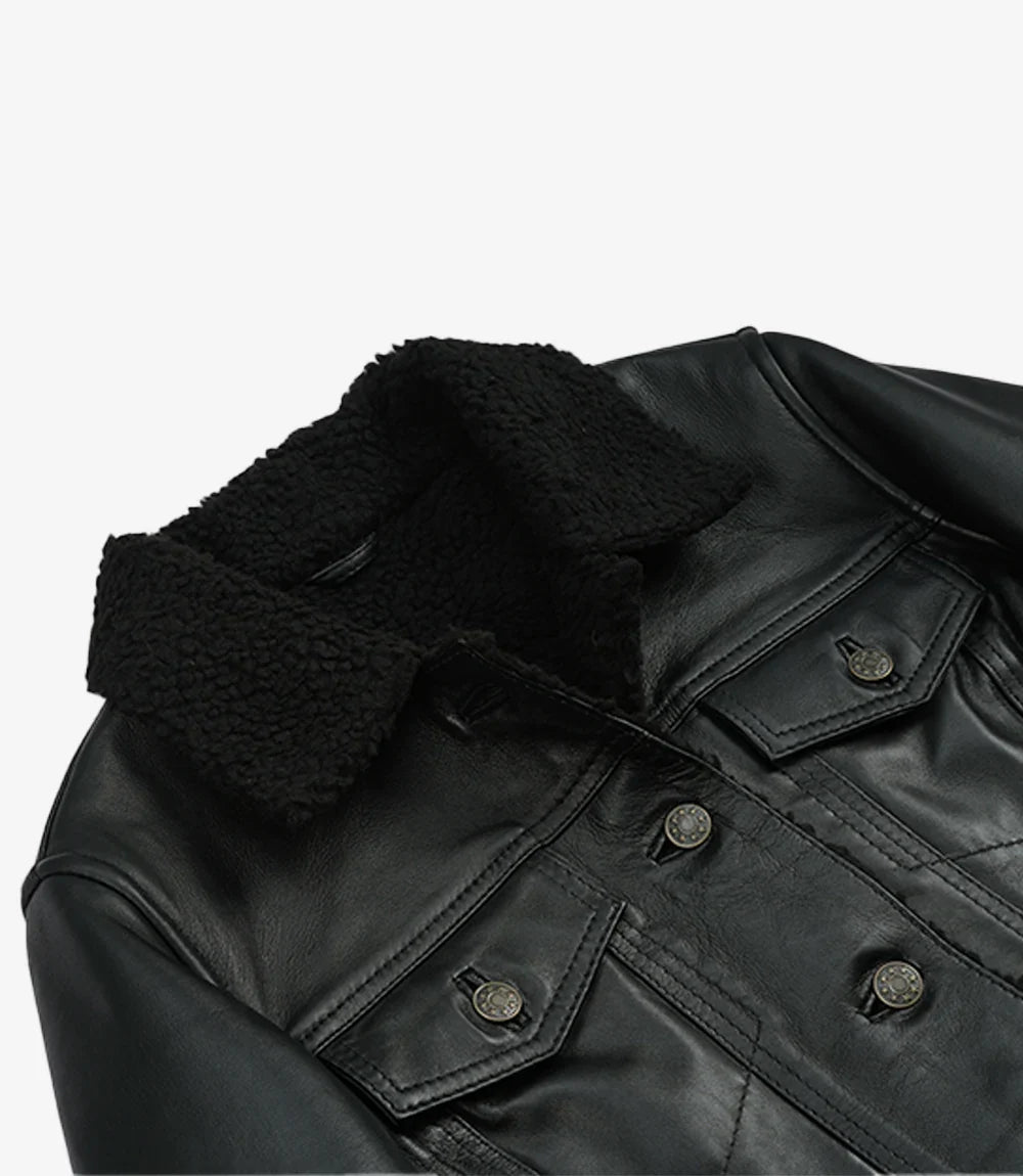 Women's Black Leather Trucker Jacket with Sherpa Lining