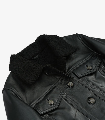 Women's Black Leather Trucker Jacket with Sherpa Lining
