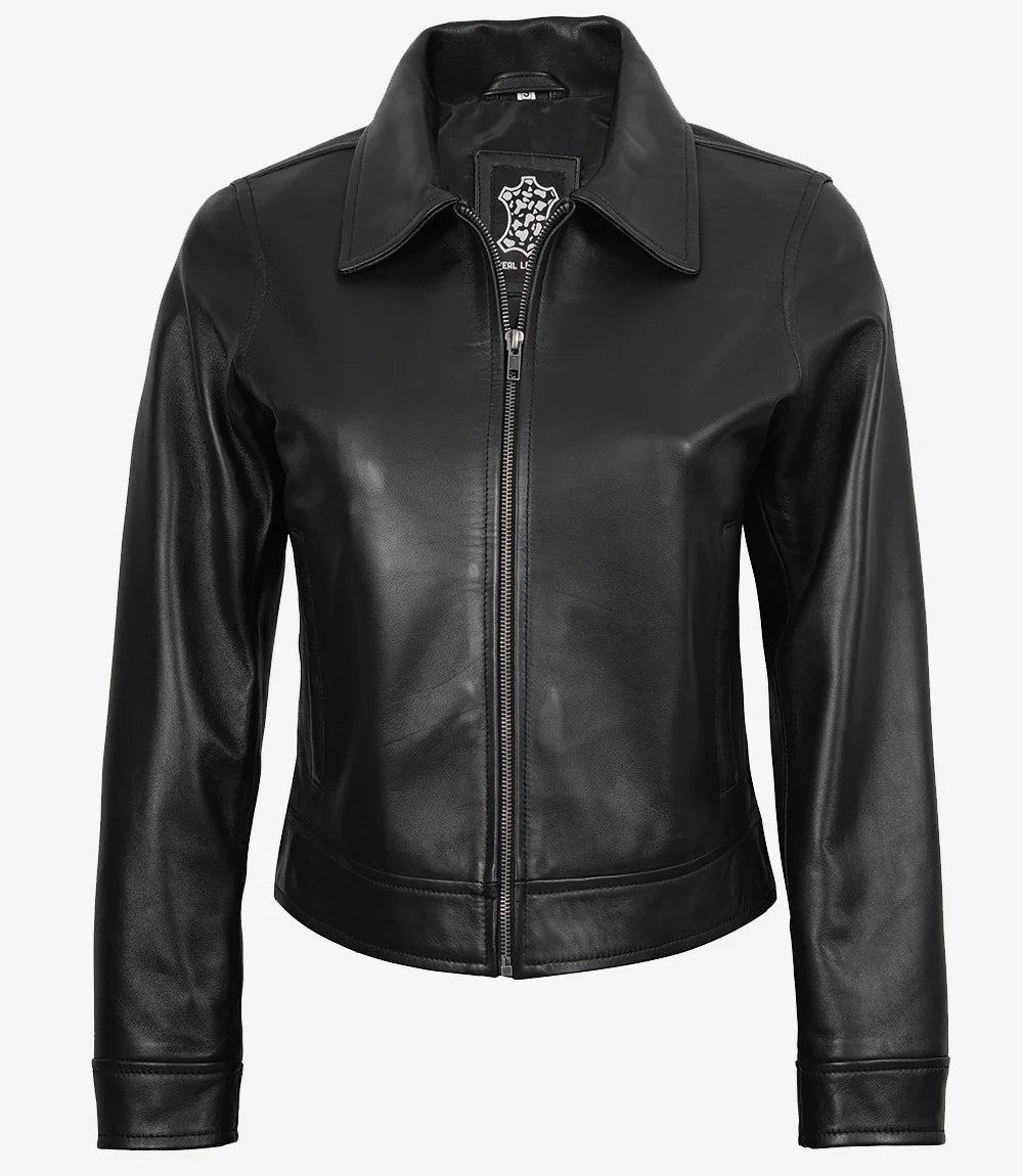 Womens Black Shirt Collar Harrington Leather Jacket