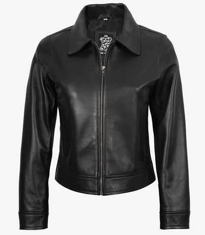 Womens Black Shirt Collar Harrington Leather Jacket
