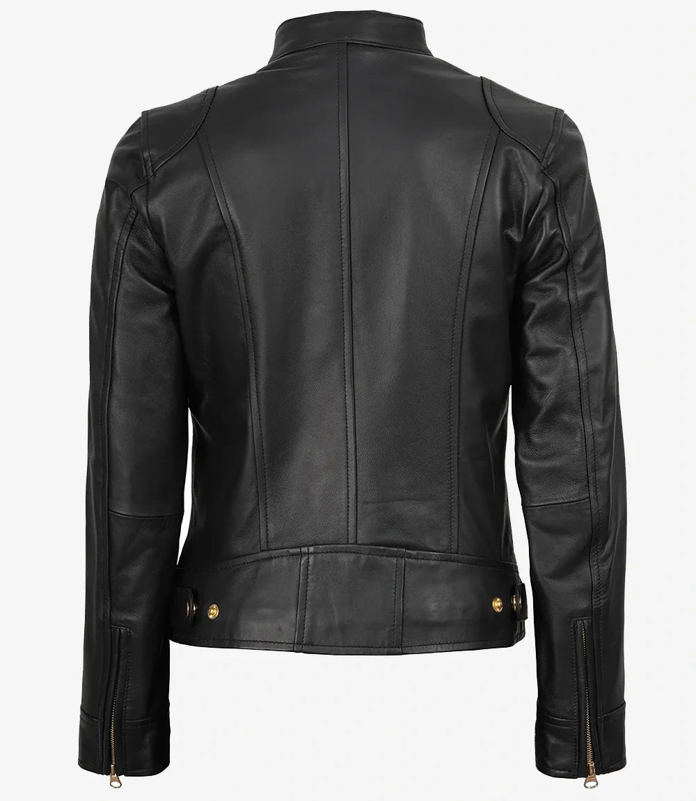 Womens Black Real Leather Biker Style Jacket - Golden Details