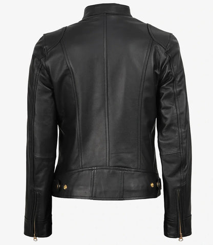 Womens Black Real Leather Biker Style Jacket - Golden Details
