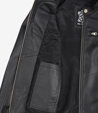 Womens Black Real Leather Biker Style Jacket - Golden Details