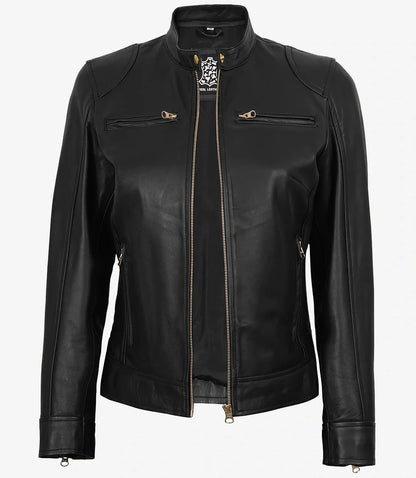 Womens Black Real Leather Biker Style Jacket - Golden Details