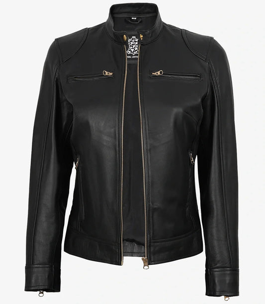 Womens Black Real Leather Biker Style Jacket - Golden Details