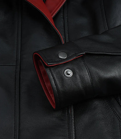 Erin Women's Black Leather Jacket with Red Inner Lapel