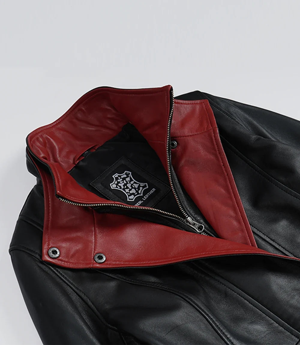 Erin Women's Black Leather Jacket with Red Inner Lapel