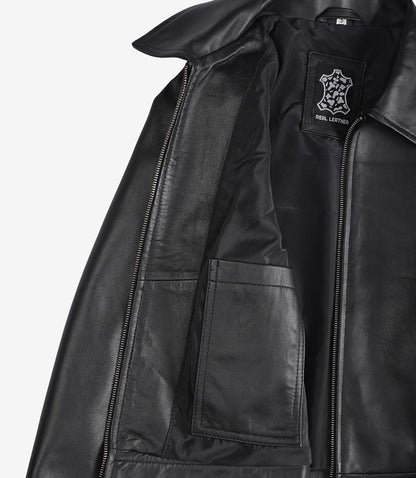 Womens Black Shirt Collar Harrington Leather Jacket