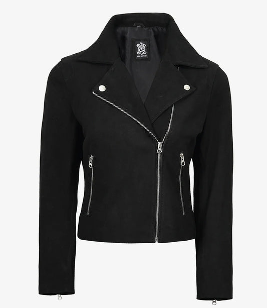 Womens Black Real Suede Biker Style Jacket