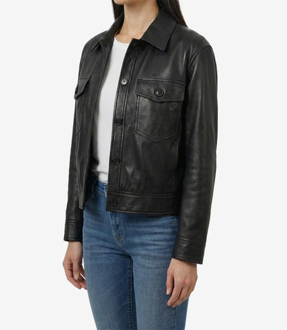 Womens Black Leather Drop Shoulder Trucker Jacket
