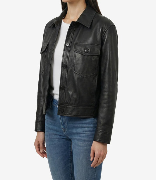 Womens Black Leather Drop Shoulder Trucker Jacket