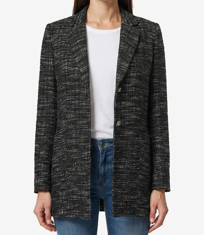 Womens Black Tweed Two Button Wool Blazer Jacket