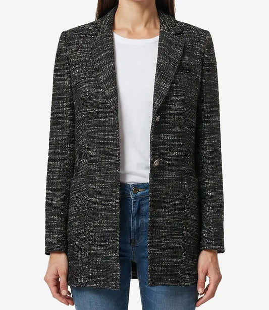 Womens Black Tweed Two Button Wool Blazer Jacket