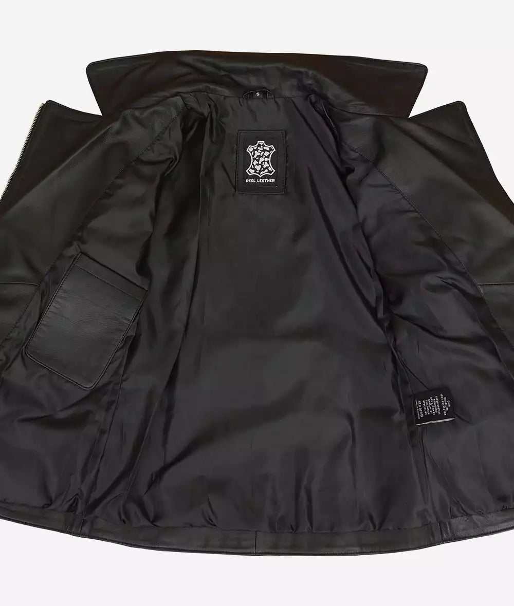Women's Black Belted Long Biker-Style Leather Jacket