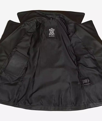 Women's Black Belted Long Biker-Style Leather Jacket