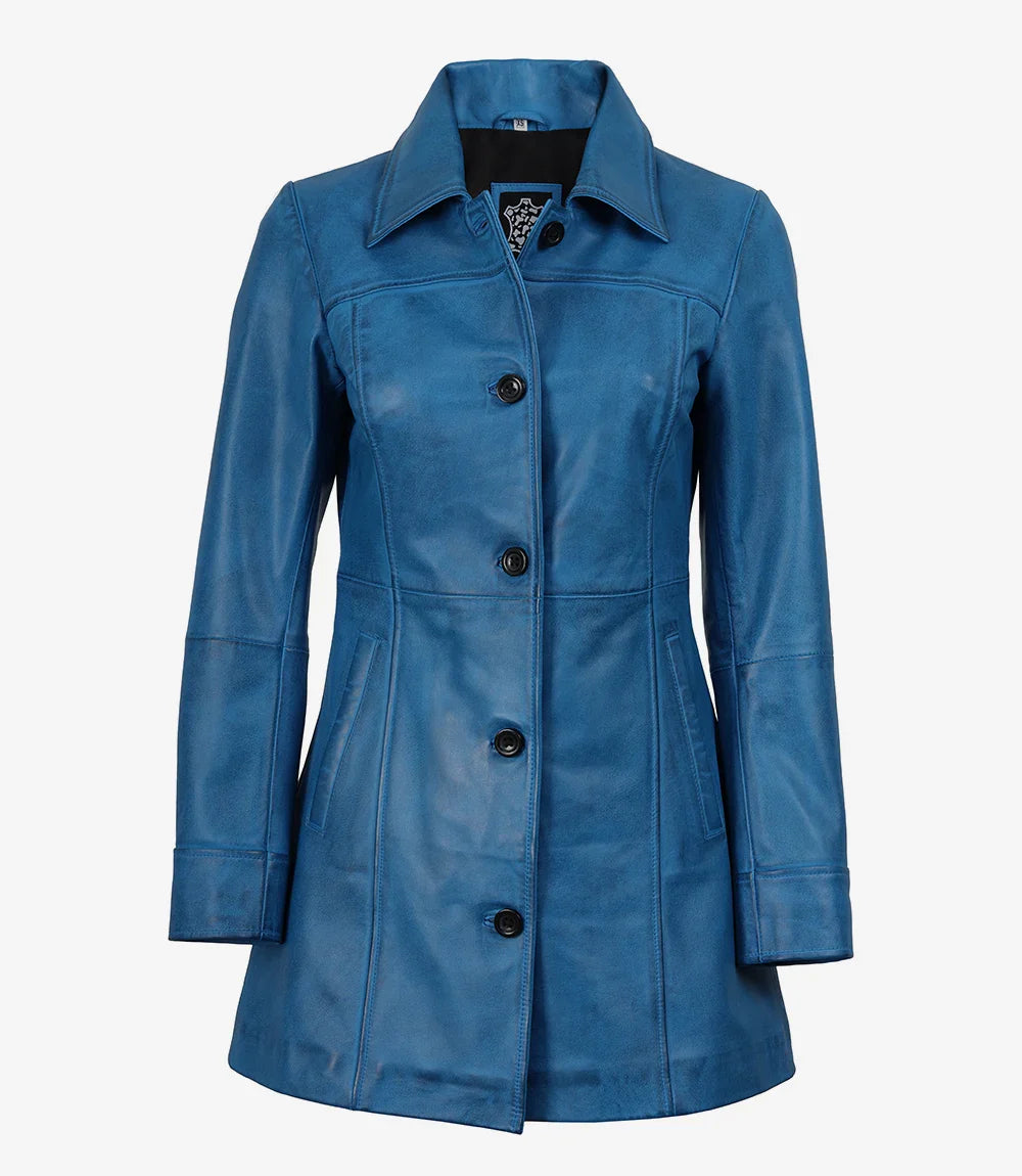 Womens Blue 3/4 Length Button Down Leather Coat