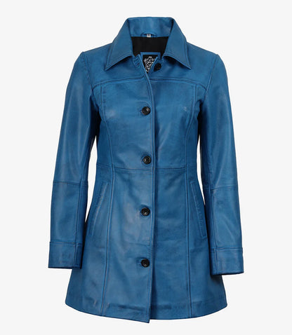 Womens Blue 3/4 Length Button Down Leather Coat