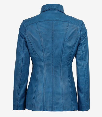 Women's Blue Lambskin Leather Car Coat with Shirt Collar