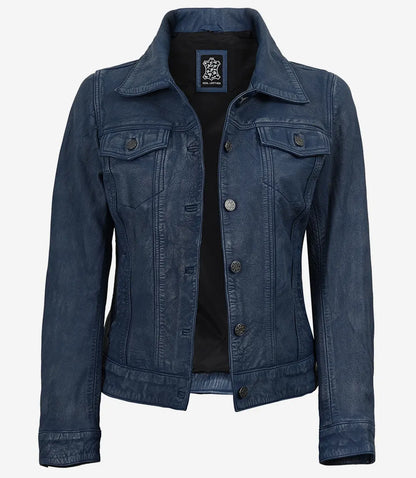 Womens Blue Washed Trucker Leather Jacket