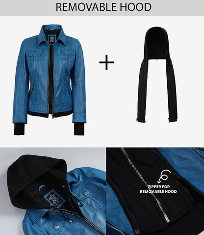 Women’s Blue Waxed Real Leather Jacket with Removable Hood