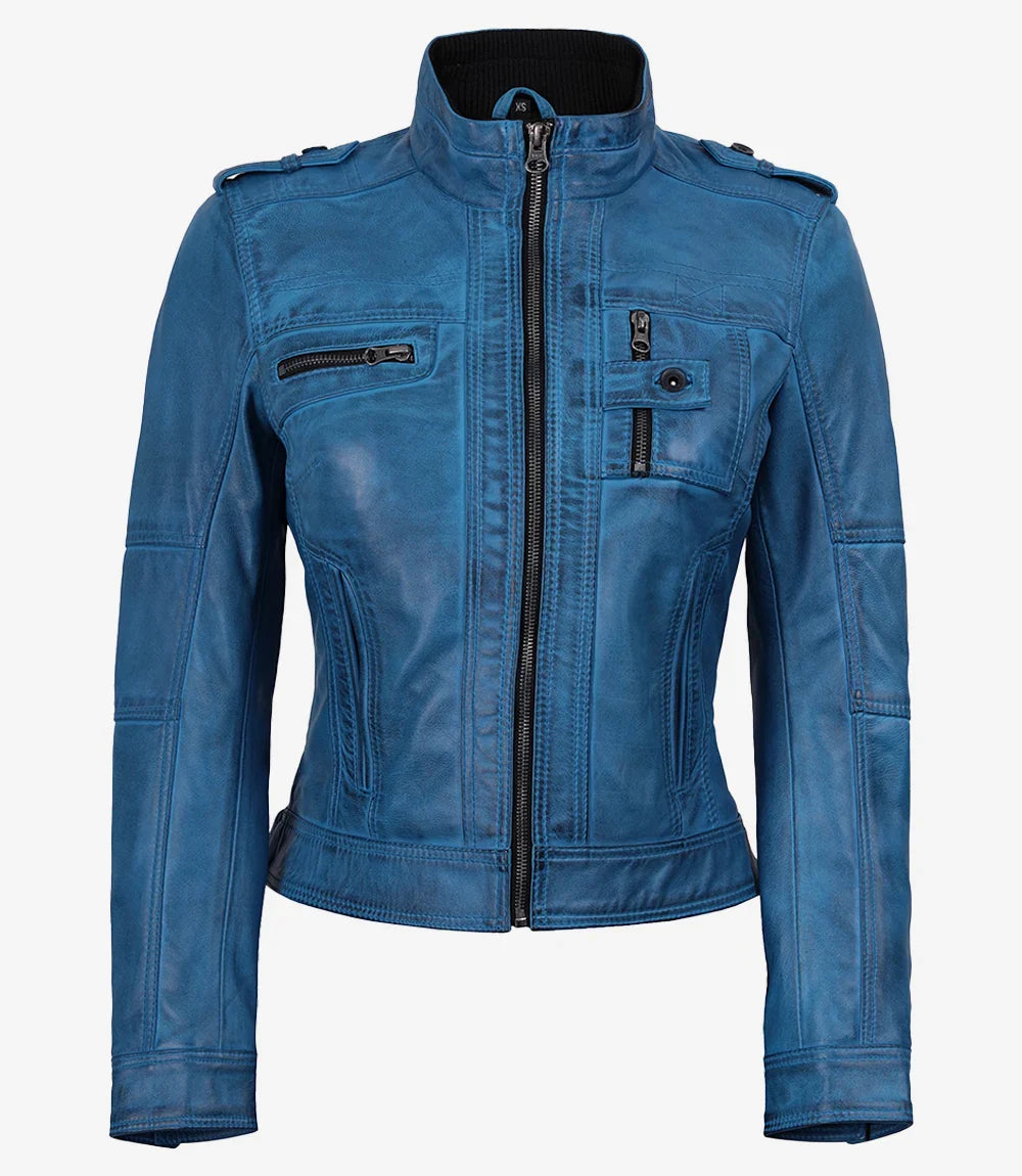 Women's Blue Waxed Lambskin Leather Biker Style Jacket
