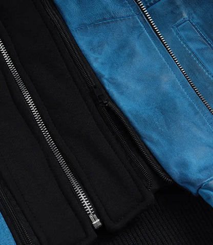 Women's Real Leather Blue Waxed Bomber Jacket with Removable Hood