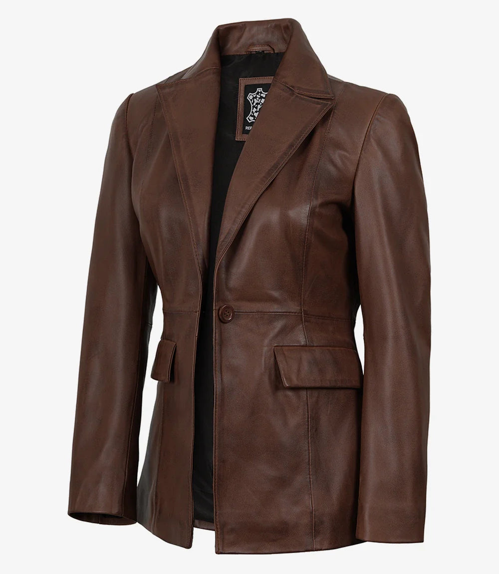 Women’s Brown Cognac Waxed Lambskin Leather Blazer – Single Button