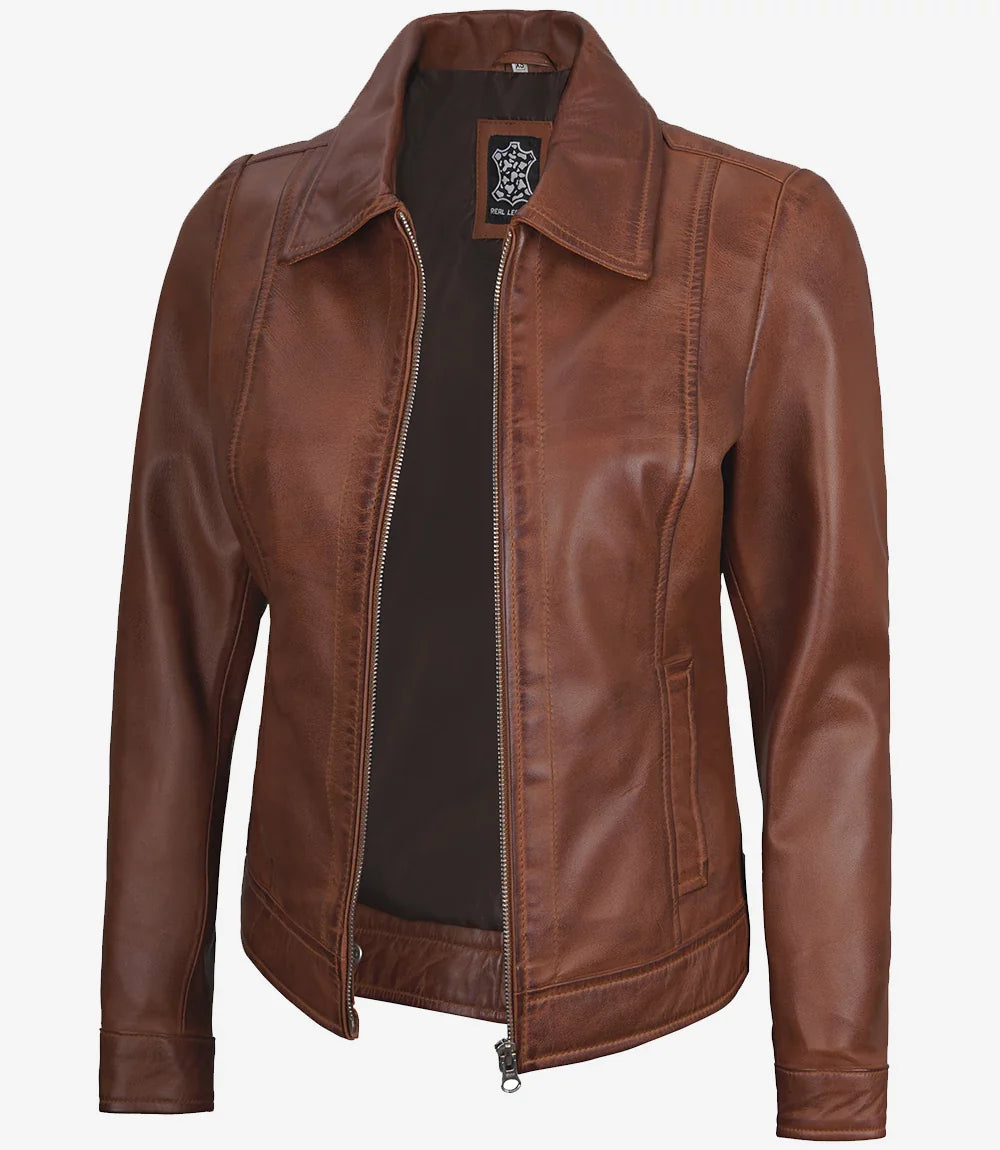 Women's Cognac Brown Leather Harrington Jacket