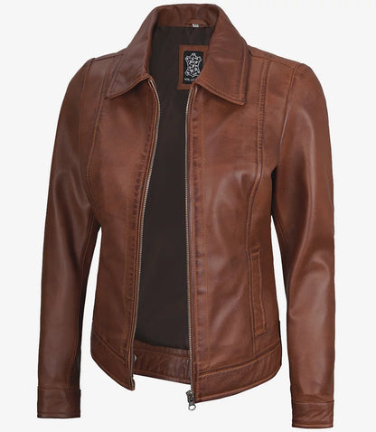 Women's Cognac Brown Leather Harrington Jacket