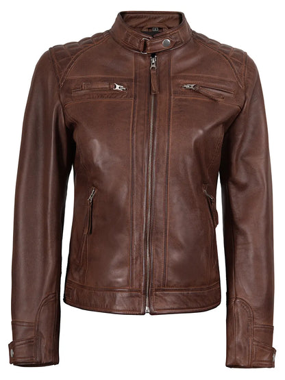 Women's Cognac Brown Leather Cafe Racer Jacket