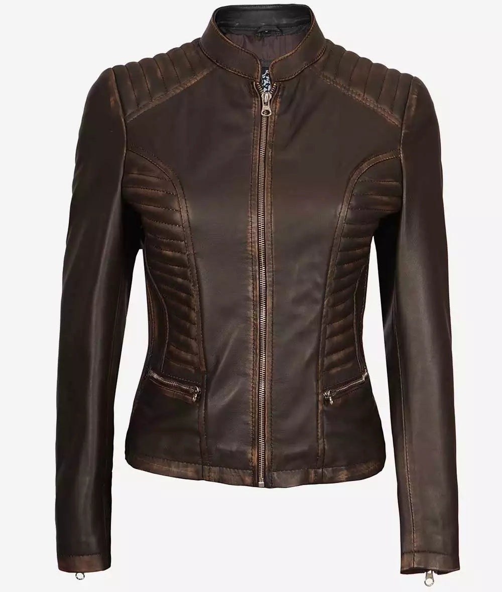 Rachel Womens Slim Fit Ruboff Brown Leather Jacket Max Jackets