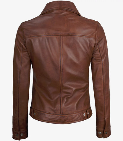 Women's Cognac Brown Leather Harrington Jacket