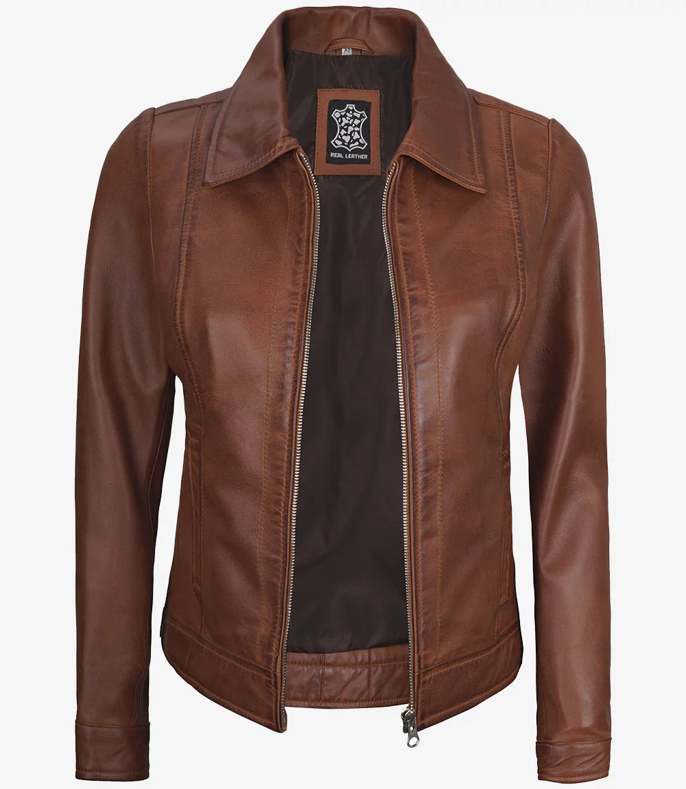 Women's Cognac Brown Leather Harrington Jacket