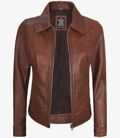 Women's Cognac Brown Leather Harrington Jacket