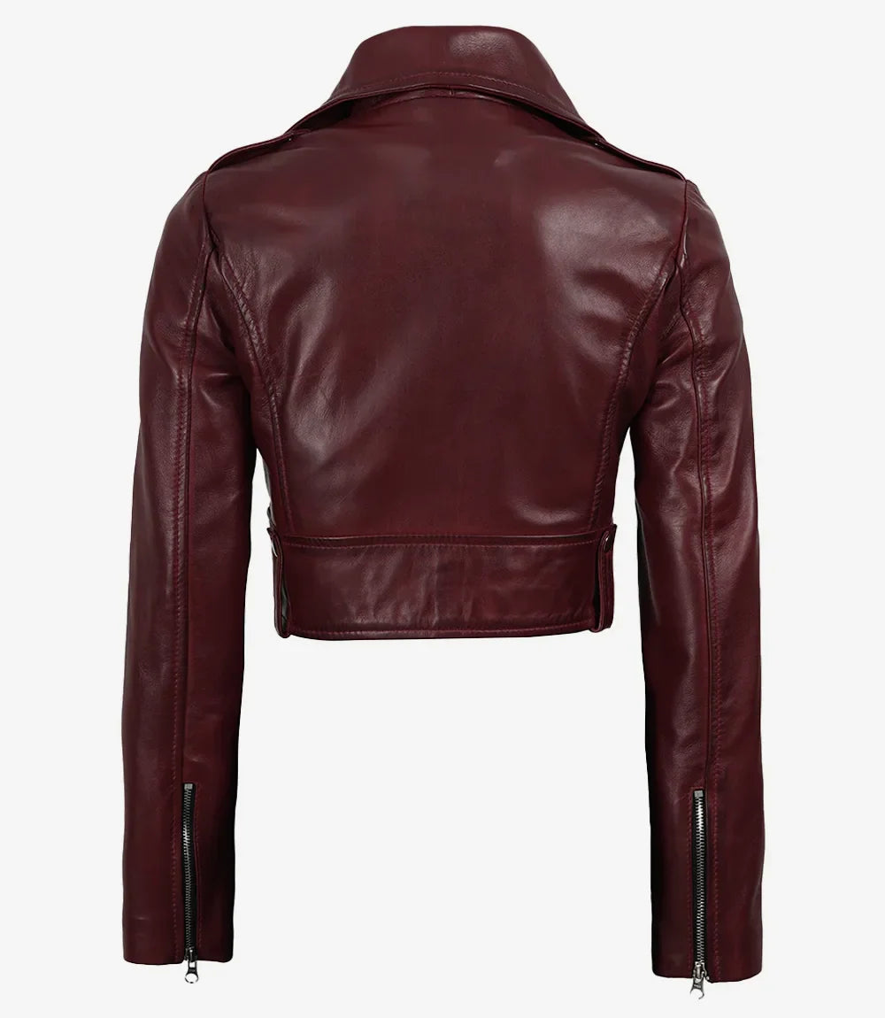 Womens Burgundy Waxed Biker Style Cropped Leather Jacket