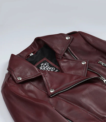 Womens Burgundy Waxed Biker Style Cropped Leather Jacket