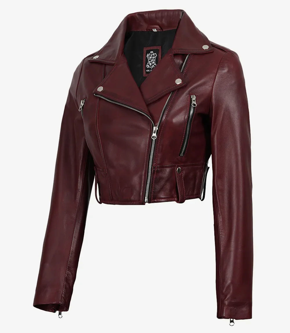 Womens Burgundy Waxed Biker Style Cropped Leather Jacket