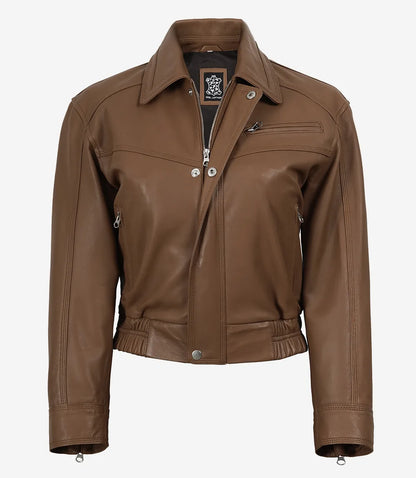 Women's Premium Leather Light Brown Bomber Jacket
