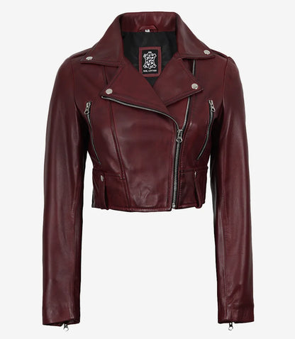 Womens Burgundy Waxed Biker Style Cropped Leather Jacket
