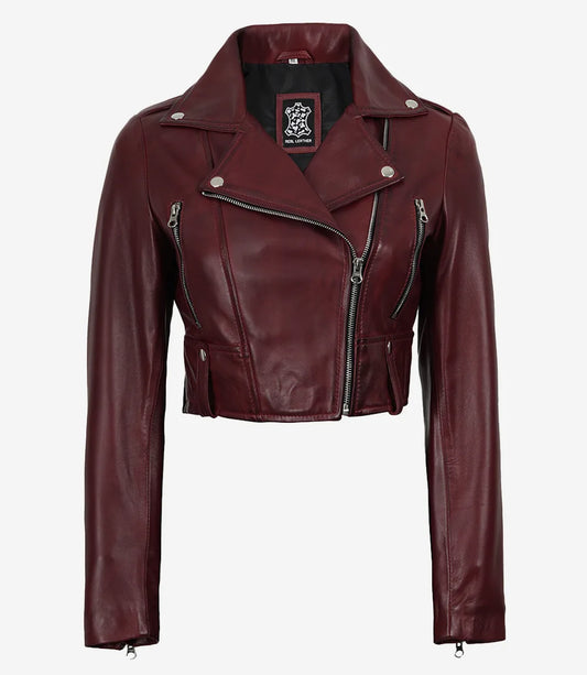 Womens Burgundy Waxed Biker Style Cropped Leather Jacket
