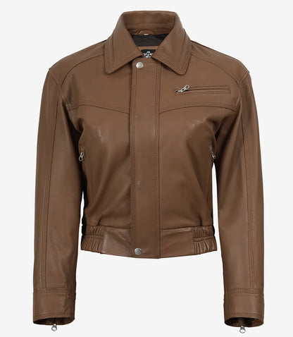 Women's Premium Leather Light Brown Bomber Jacket