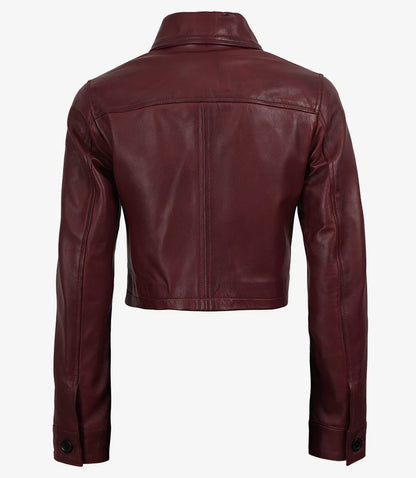 Womens Burgundy Waxed Cropped Leather Jacket