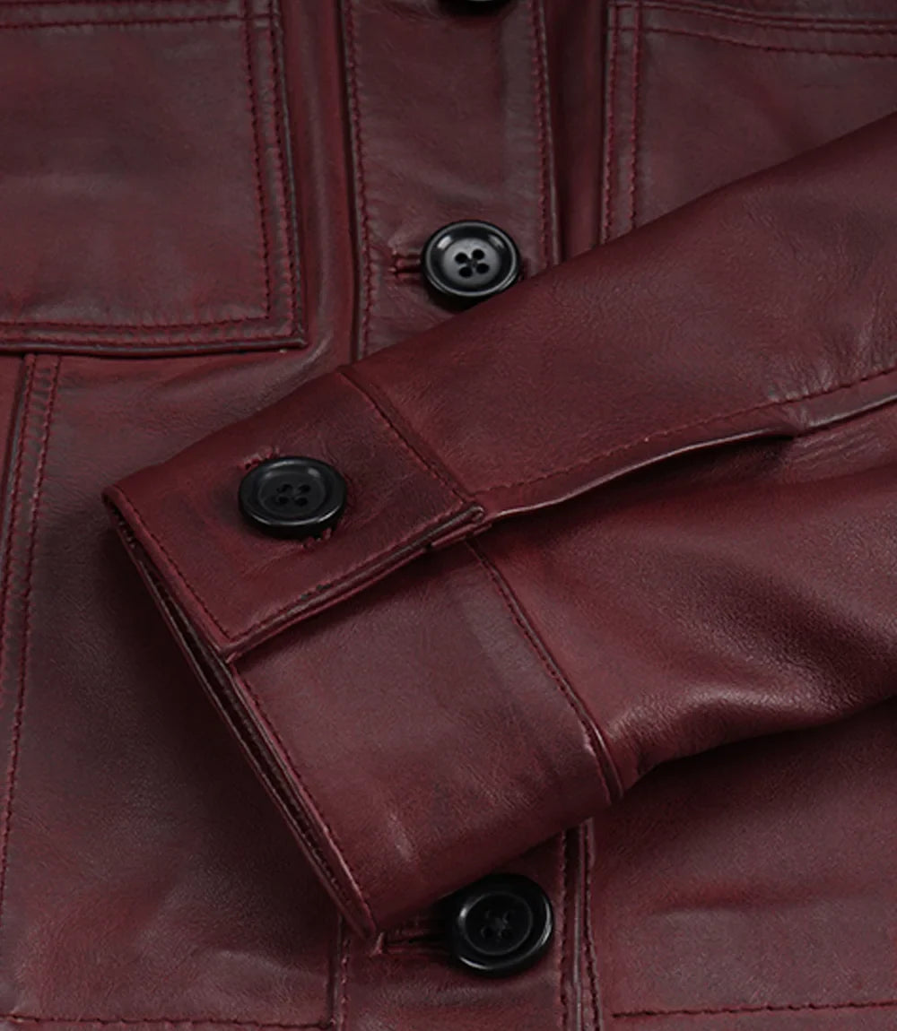 Womens Burgundy Waxed Cropped Leather Jacket