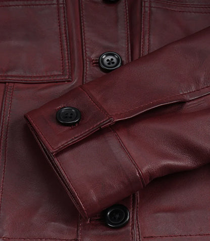 Womens Burgundy Waxed Cropped Leather Jacket