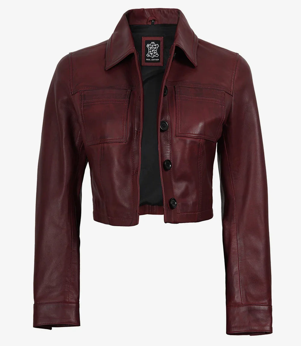 Womens Burgundy Waxed Cropped Leather Jacket