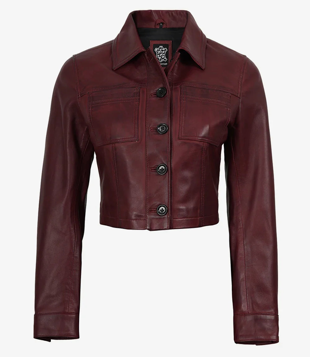 Womens Burgundy Waxed Cropped Leather Jacket