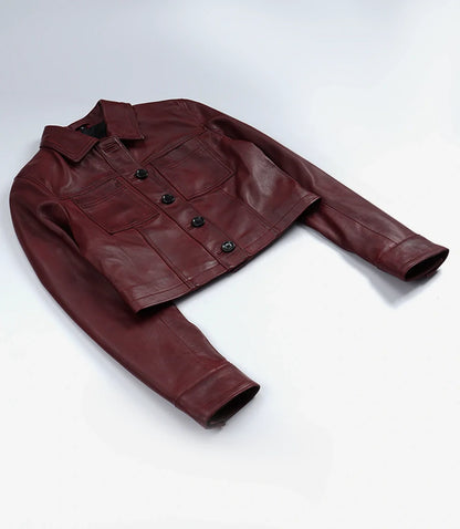 Womens Burgundy Waxed Cropped Leather Jacket