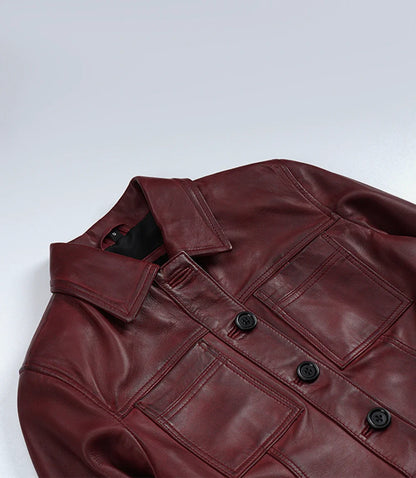 Womens Burgundy Waxed Cropped Leather Jacket