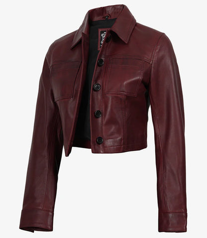 Womens Burgundy Waxed Cropped Leather Jacket