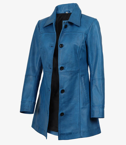 Womens Blue 3/4 Length Button Down Leather Coat